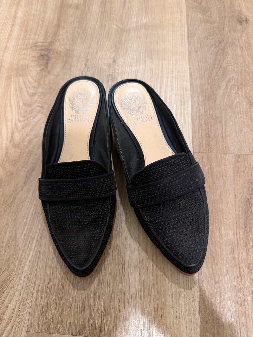 Vince Camuto Black Perforated Pointed-Toe Slip-On Mules